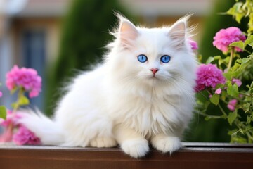 A small fluffy white kitten with blue eyes is sitting outside on a background of flowers, a cute pet is walking