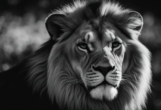 Portrait of a close up lion king isolated on black Black and white photography