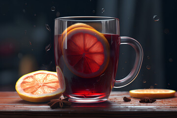 Closeup of glass mug of mulled wine with ingredients on the wooden table on dark background