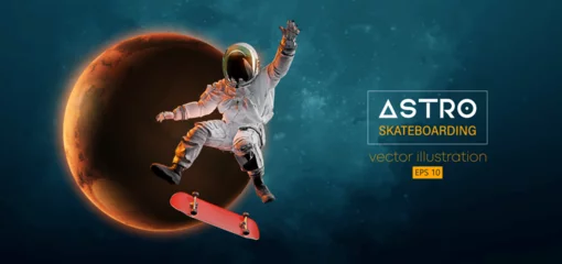 Fotobehang Abstract silhouette of a skateboarder astronaut in space action and Earth, Mars, planets on the background of the space.. The skateboarder man is doing a trick. Vector 3d render illustration © Yevheniia