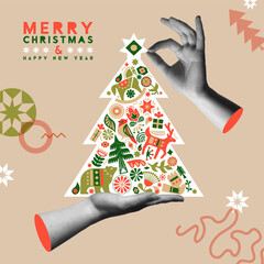 Christmas New Year folk pine tree and hands in retro collage illustration