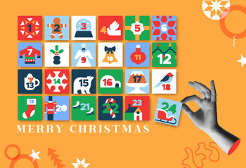 Christmas advent calendar and hand in retro collage illustration