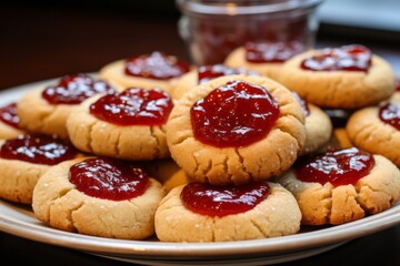 A picture of thumbprint cookies filled with homemade raspberry jam, their vibrant red centers contrasting beautifully with the golden-brown cookie base.