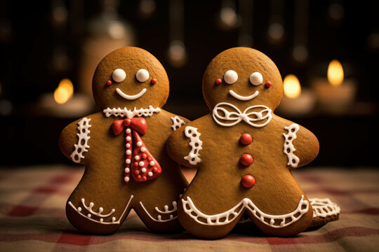 Gingerbread family - man and woman. Holiday candles on blurred background. Christmas concept.