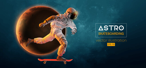 Abstract silhouette of a skateboarder astronaut in space action and Earth, Mars, planets on the background of the space.. The skateboarder man is doing a trick. Vector 3d render illustration © Yevheniia
