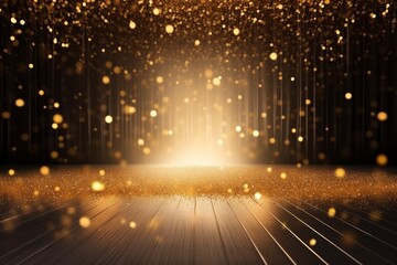 The stage is adorned with a golden confetti shower, creating a mockup with copy space for award ceremonies, jubilees, New Years parties, or product presentations. Created with generative AI tools - obrazy, fototapety, plakaty