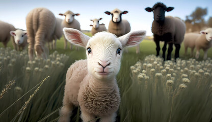 a baby lamb standing in a field of grass with other sheep in the background in the grass