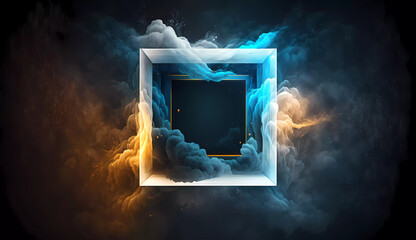 a blue and white square with a neon light in the middle of it on a dark background with smoke