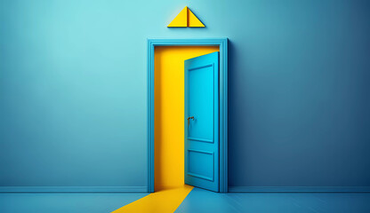 a blue door with a yellow floor and a yellow arrow pointing to it on a blue background with a yellow arrow pointing to the right - obrazy, fototapety, plakaty