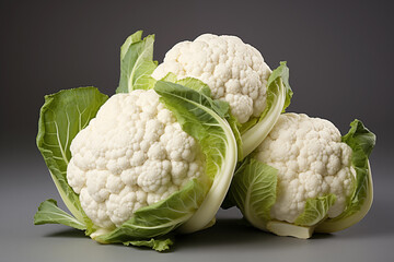 two heads of cauliflower sitting on top of each other. The cauliflowers are white and have a bumpy texture.