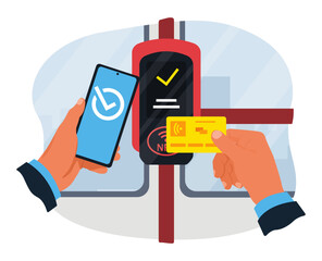 Hand holding credit card and phone near terminal.