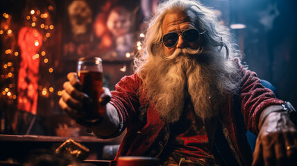 Santa drinks  beer  - obrazy, fototapety, plakaty