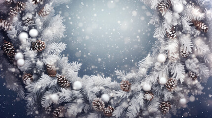 Closeup of a snowy Christmas wreath with frosty pine cones