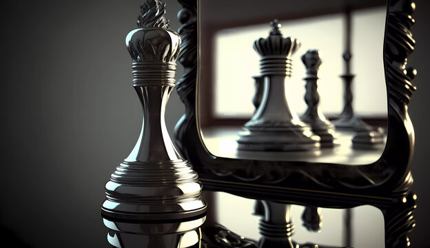 a chess piece is shown in front of a mirror with a reflection of it on it's side