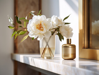 Cosmetic product and vase with flowers on shelf in modern bathroom