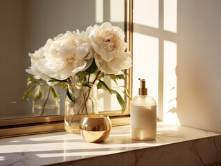 Cosmetic product and vase with flowers on shelf in modern bathroom
