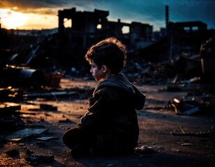 sad child boy sitting among destroyed city