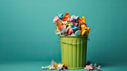 Metal green bin with crumpled multi colored paper near green wall indoors, space for text. Rubbish recycling - obrazy, fototapety, plakaty