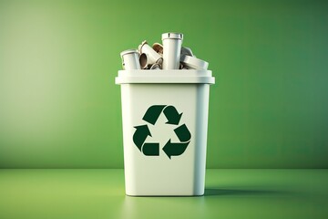 White plastic trash bin with recycling symbol on a green background. Space for text