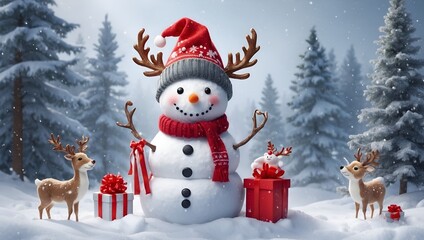 Merry Christmas and happy new year greeting card with copy-space. Happy snowman standing in Christmas landscape. Snow background. Winter fairytale.