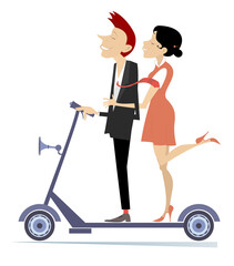 Pretty young man and woman ride on scooter. 
Cartoon young man and woman ride on an ecologically clean urban vehicle
