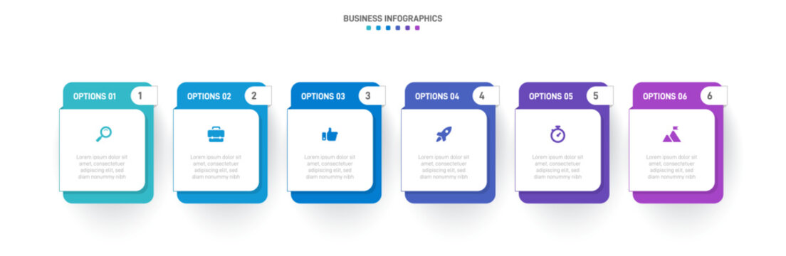 Timeline infographic with infochart. Modern presentation template with 6 spets for business process. Website template on white background for concept modern design. Horizontal layout.