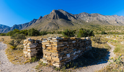 Pinery Butterfield Stage Ruins Below Hunters Peak on The Pinery Trail, Pine Springs, Guadalupe Mountains, National Park, Texas, USA