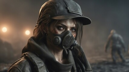 Fototapeta premium soldier with gas mask Post apocalypse world Halloween concept. Portrait of young Sad woman in breathing mask 