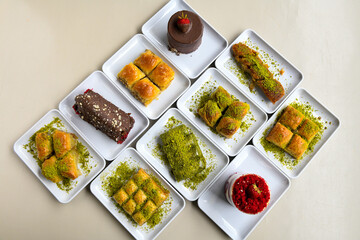 Table scene of assorted take out or delivery foods. Traditional Turkish cuisine. Various Turkish meal and appetizers. Top down view on a table.