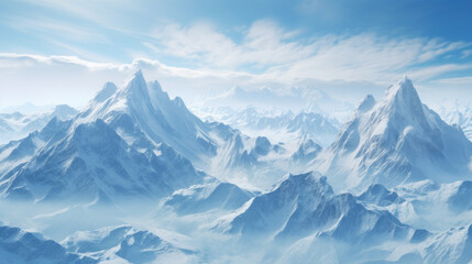 Fototapeta na wymiar An aerial shot of a vast snow-covered mountain range with jagged peaks and valleys