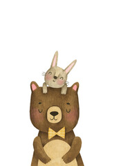 Cute illustration with a big bear and a bunny. Funny characters, friendship, postcard, poster.