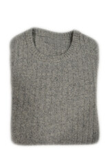 Folded gray ribbed crew-neck sweater on the white background