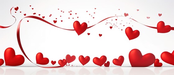 white background with hearts and ribbons decorated for Valentine's Day - obrazy, fototapety, plakaty