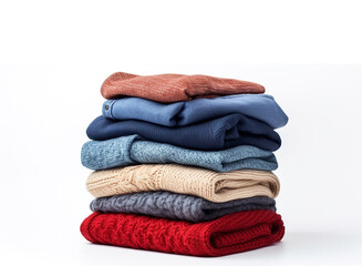 Stack of clothing jeans sweaters pattern on a white background