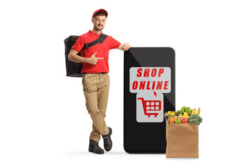 Delivery man leaning on a smartphone next to a grocery bag and pointing