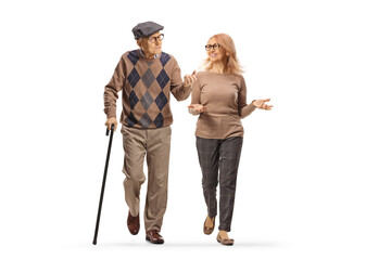 Elderly man with a cane walking and talking to a woman