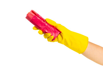 Woman's hands holding garbage bag isolated on white background. roll with plastic bags for garbage on a white background.