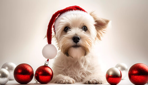 a small dog wearing a santa hat sitting in front of christmas ornaments and balls on a white background with a red and white border