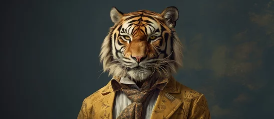 Foto op Aluminium A clothed tiger A human with a tiger s head A vintage style graphic concept with a soft oil painting look © 2rogan