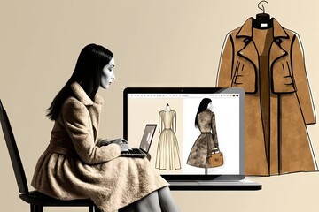 Fashionable woman sitting at table in front of laptop computer with shopping online concept