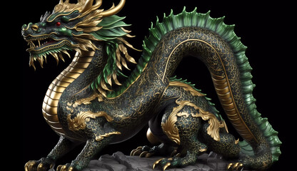 a statue of a dragon with gold and green colors on it's head and a green background with a black background