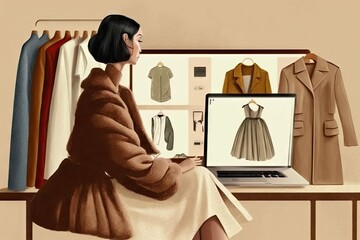 Young woman sitting in a dressing room with a laptop and a set of clothes