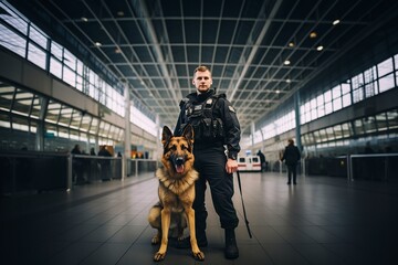 security guard at the airport with a police dog - obrazy, fototapety, plakaty