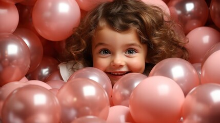 Fototapeta na wymiar Cute Girl On Pink Background Balloons , Bright Background, Background Hd