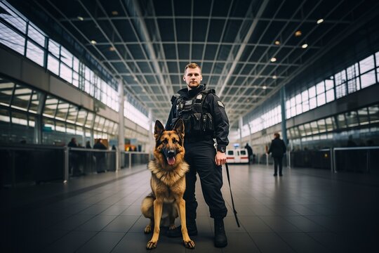 security guard at the airport with a police dog
