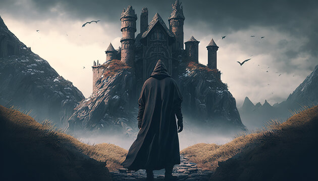 Enigmatic monk standing front of Haunted scarry Castle. Generative AI
