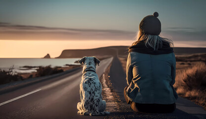 a woman sitting next to a dog on a road near the ocean at sunset with a dog looking out the window - obrazy, fototapety, plakaty