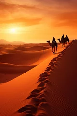  caravan of camels cross the sahara desert between the sand and dunes at sunset © Jorge Ferreiro