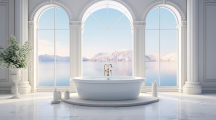 an airy bathroom with white walls and a marble floor and a large window with frosted glass