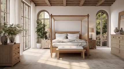 an airy bedroom with a four-poster bed and a white dresser and a large window looking out onto a pond